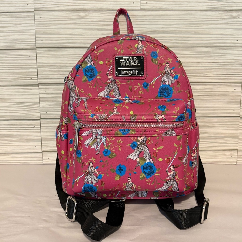Loungefly Star Wars Rey Mini Backpack Pink Floral Blue Roses AOP NWT Rare Disney
